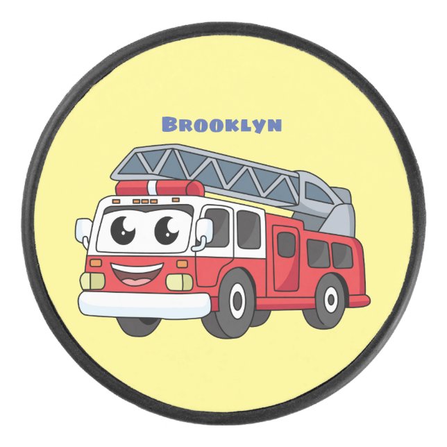 Cute happy fire engine cartoon hockey puck (Front)