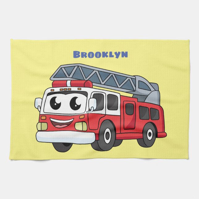 Cute happy fire engine cartoon kitchen towel (Horizontal)