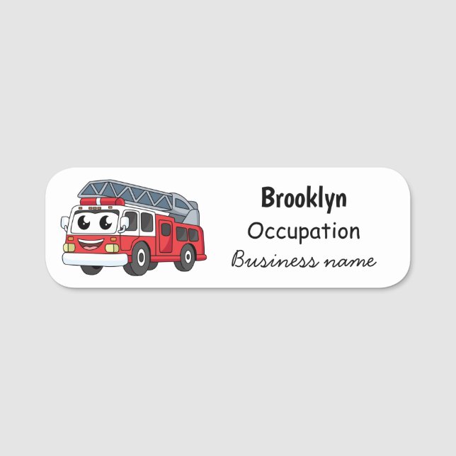 Cute happy fire engine cartoon name tag (Front)