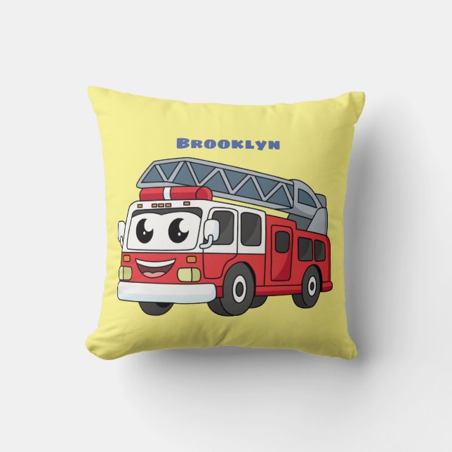 Cute happy fire engine cartoon throw pillow (Front)