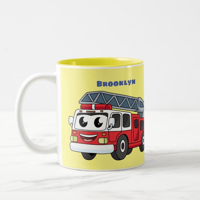 Cute happy fire engine cartoon Two-Tone coffee mug (Left)