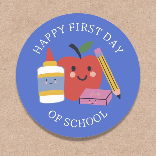 Cute Happy First Day of School Classic Round Sticker (Creator Uploaded)