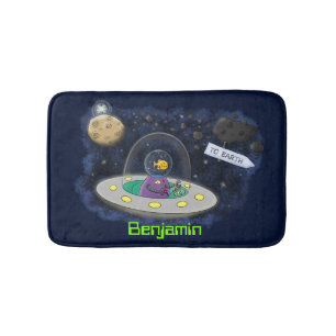 Cute happy fish ufo space cartoon illustration bath mat