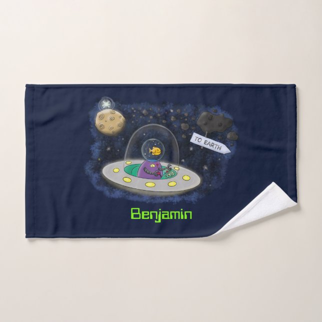 Cute happy fish ufo space cartoon illustration bath towel set (Hand Towel)