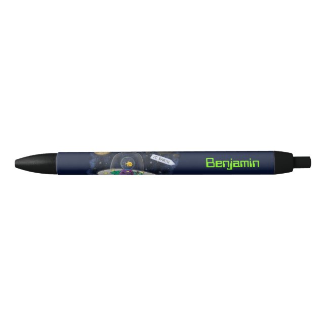 Cute happy fish ufo space cartoon illustration black ink pen (Front)
