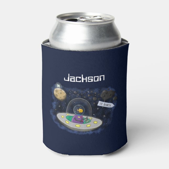 Cute happy fish ufo space cartoon illustration can cooler (Can Front)