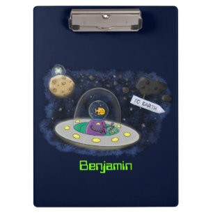 Cute happy fish ufo space cartoon illustration clipboard
