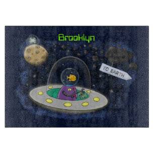 Cute happy fish ufo space cartoon illustration cutting board