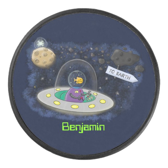 Cute happy fish ufo space cartoon illustration hockey puck (Front)
