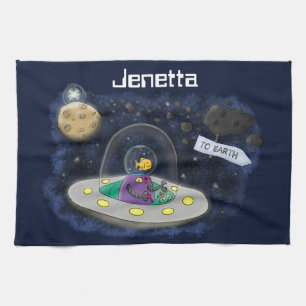 Cute happy fish ufo space cartoon illustration kitchen towel