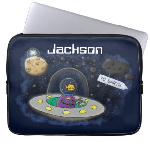 Cute happy fish ufo space cartoon illustration laptop sleeve