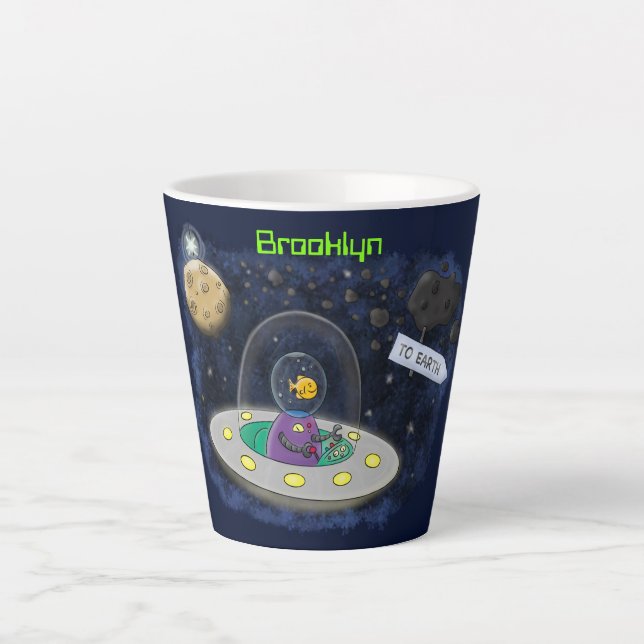 Cute happy fish ufo space cartoon illustration latte mug (Front)