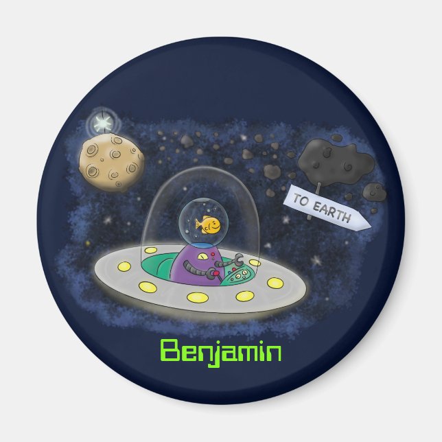 Cute happy fish ufo space cartoon illustration magnet (Front)