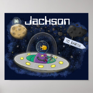 Cute happy fish ufo space cartoon illustration poster