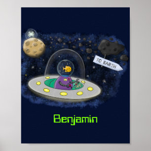 Cute happy fish ufo space cartoon illustration poster