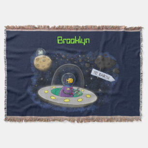 Cute happy fish ufo space cartoon illustration throw blanket
