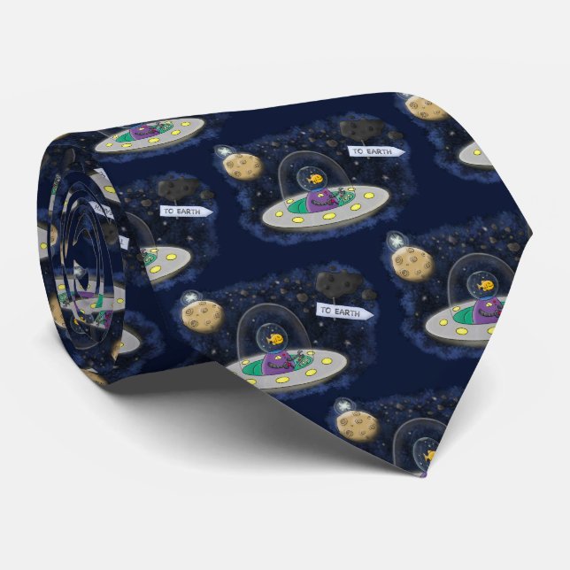 Cute happy fish ufo space cartoon illustration tie (Rolled)