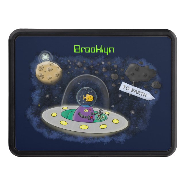 Cute happy fish ufo space cartoon illustration trailer hitch cover (Front)