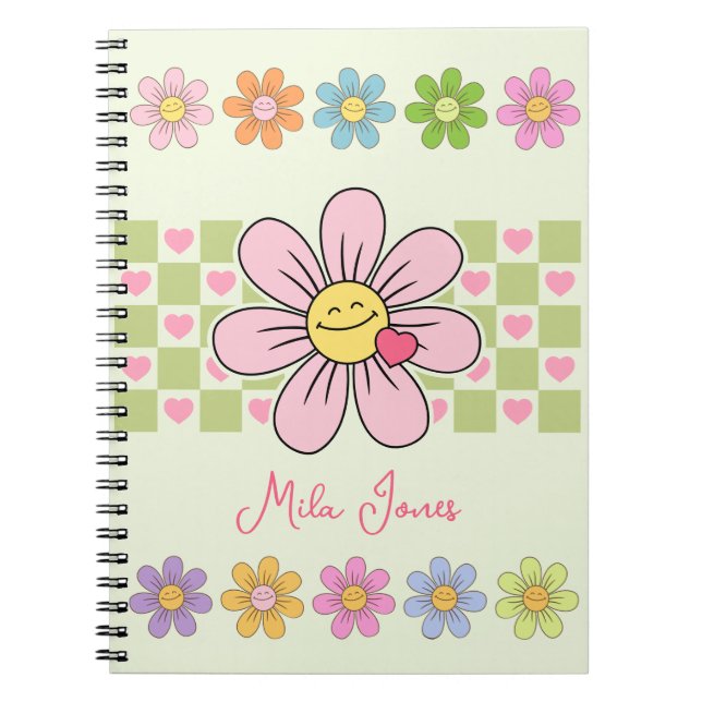 Cute Happy Flower Smile Custom Name Notebook (Front)