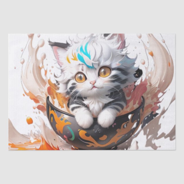 Cute happy fluffy kitten in a ball tissue paper (Front)