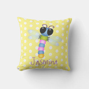 Cute happy flying dragonfly cartoon illustration throw pillow
