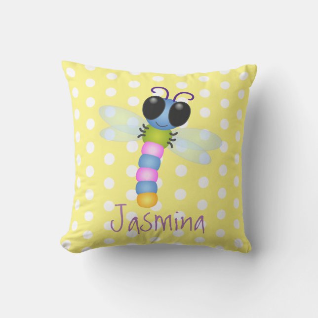 Cute happy flying dragonfly cartoon illustration throw pillow (Front)