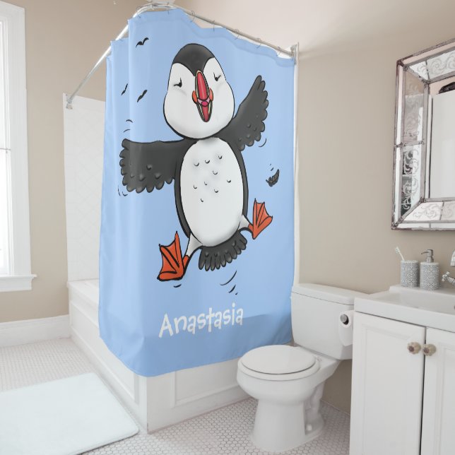 Cute happy flying puffin blue cartoon illustration (In Situ)