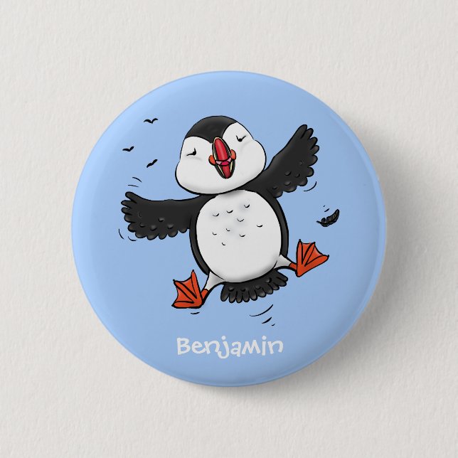 Cute happy flying puffin blue cartoon illustration 2 inch round button (Front)