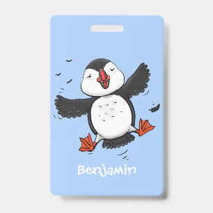 Cute happy flying puffin blue cartoon illustration badge