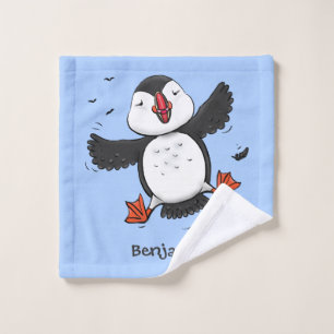 Cute happy flying puffin blue cartoon illustration bath towel set