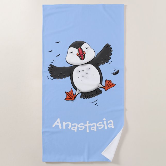 Cute happy flying puffin blue cartoon illustration beach towel (Front)