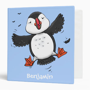 Cute happy flying puffin blue cartoon illustration binder
