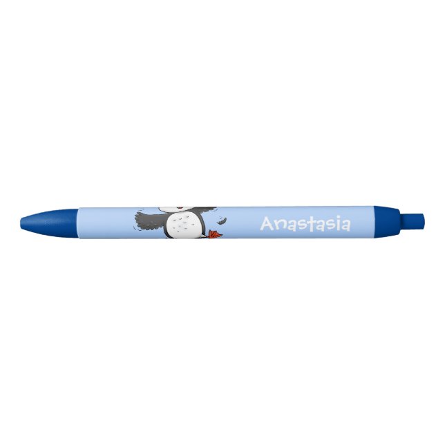 Cute happy flying puffin blue cartoon illustration black ink pen (Front)