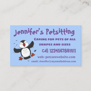 Cute happy flying puffin blue cartoon illustration business card