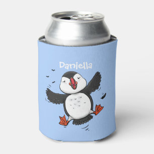 Cute happy flying puffin blue cartoon illustration can cooler