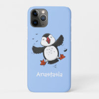 Cute happy flying puffin blue cartoon illustration