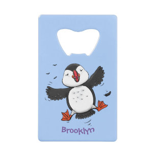 Cute happy flying puffin blue cartoon illustration credit card bottle opener