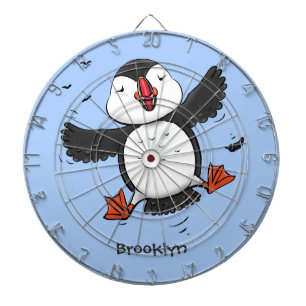 Cute happy flying puffin blue cartoon illustration dartboard