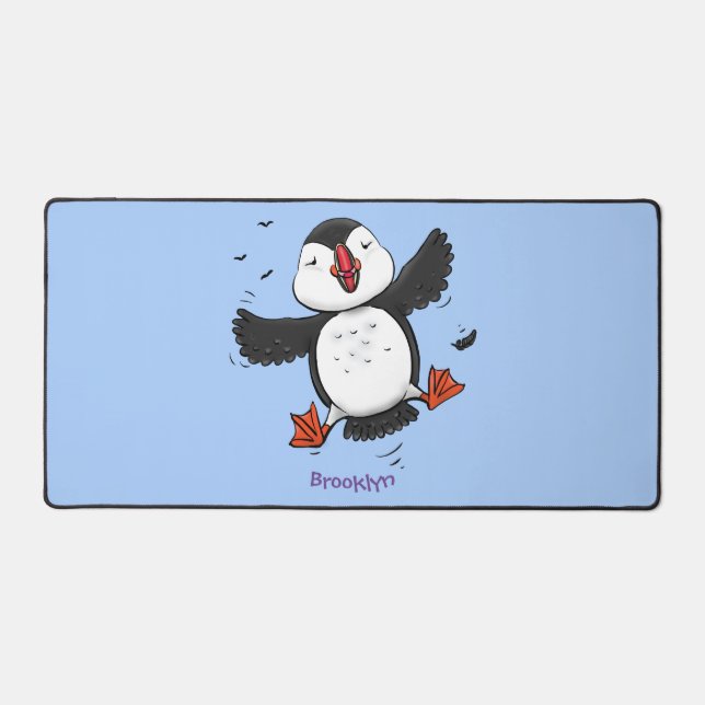 Cute happy flying puffin blue cartoon illustration desk mat (Front)