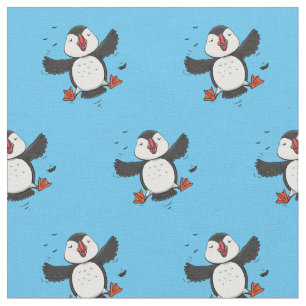 Cute happy flying puffin blue cartoon illustration fabric