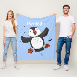 Cute happy flying puffin blue cartoon illustration fleece blanket