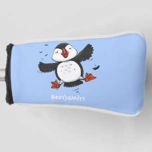 Cute happy flying puffin blue cartoon illustration golf head cover