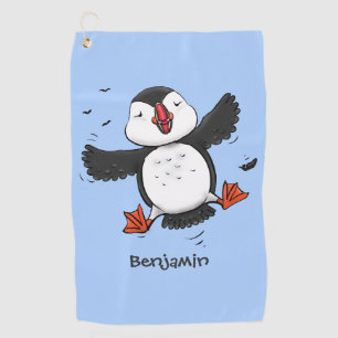 Cute happy flying puffin blue cartoon illustration golf towel