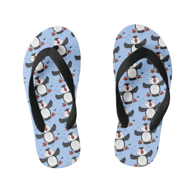 Cute happy flying puffin blue cartoon illustration kid's flip flops (Footbed)