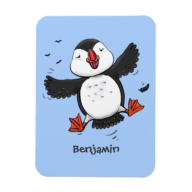 Cute happy flying puffin blue cartoon illustration magnet (Vertical)