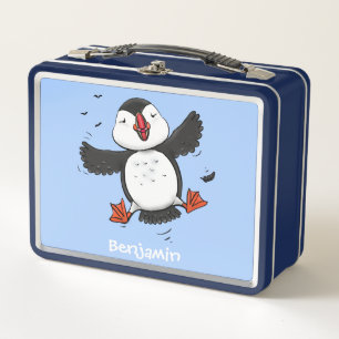 Cute happy flying puffin blue cartoon illustration metal lunch box