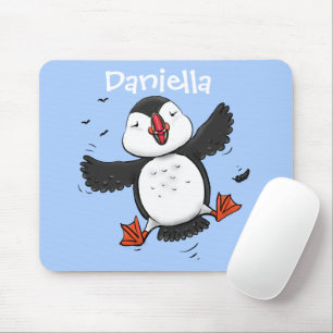 Cute happy flying puffin blue cartoon illustration mouse pad