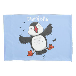 Cute happy flying puffin blue cartoon illustration pillowcase