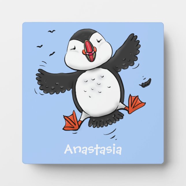 Cute happy flying puffin blue cartoon illustration plaque (Front)