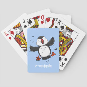 Cute happy flying puffin blue cartoon illustration playing cards